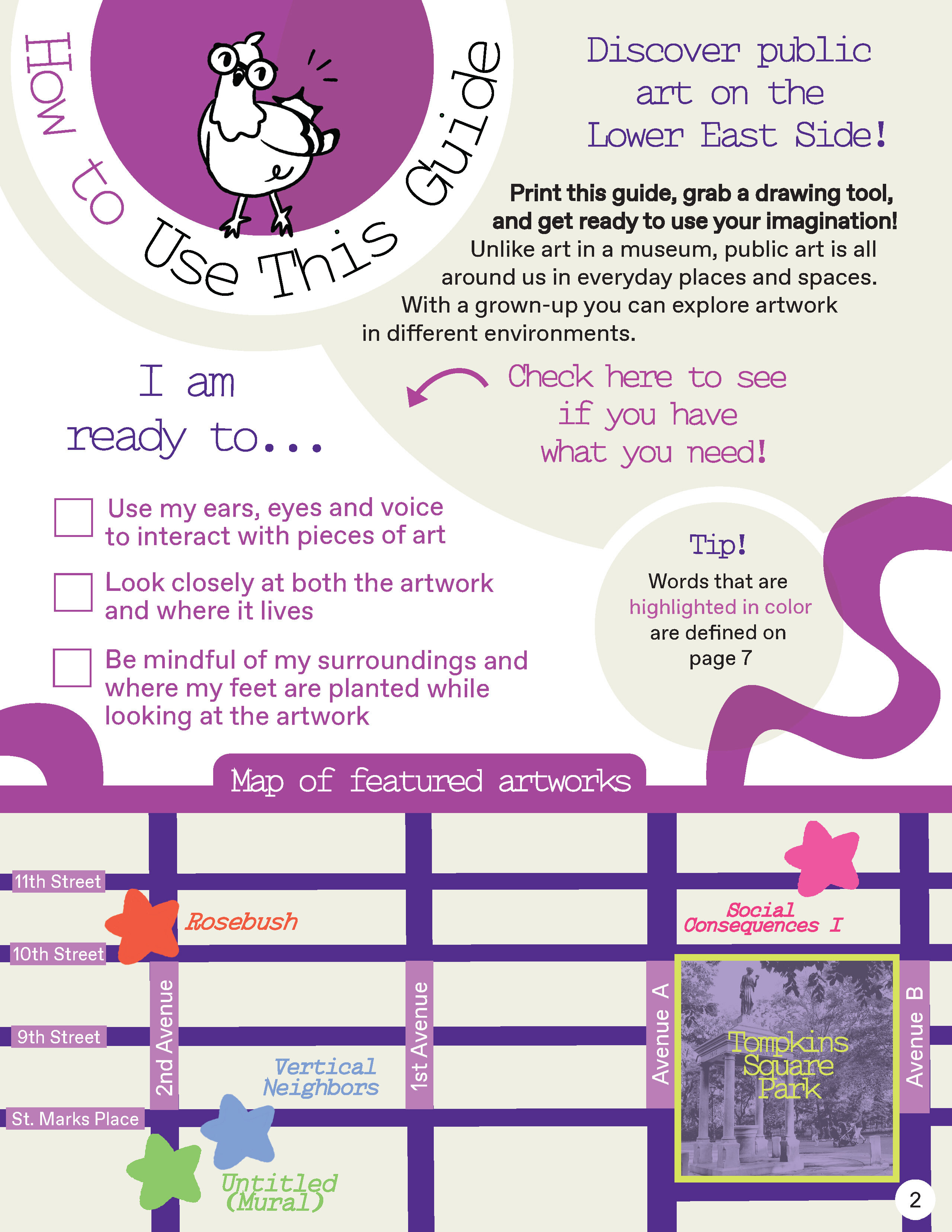 A guide within the guide on how to use it, along with a map with places of interest marked by colorful stars.