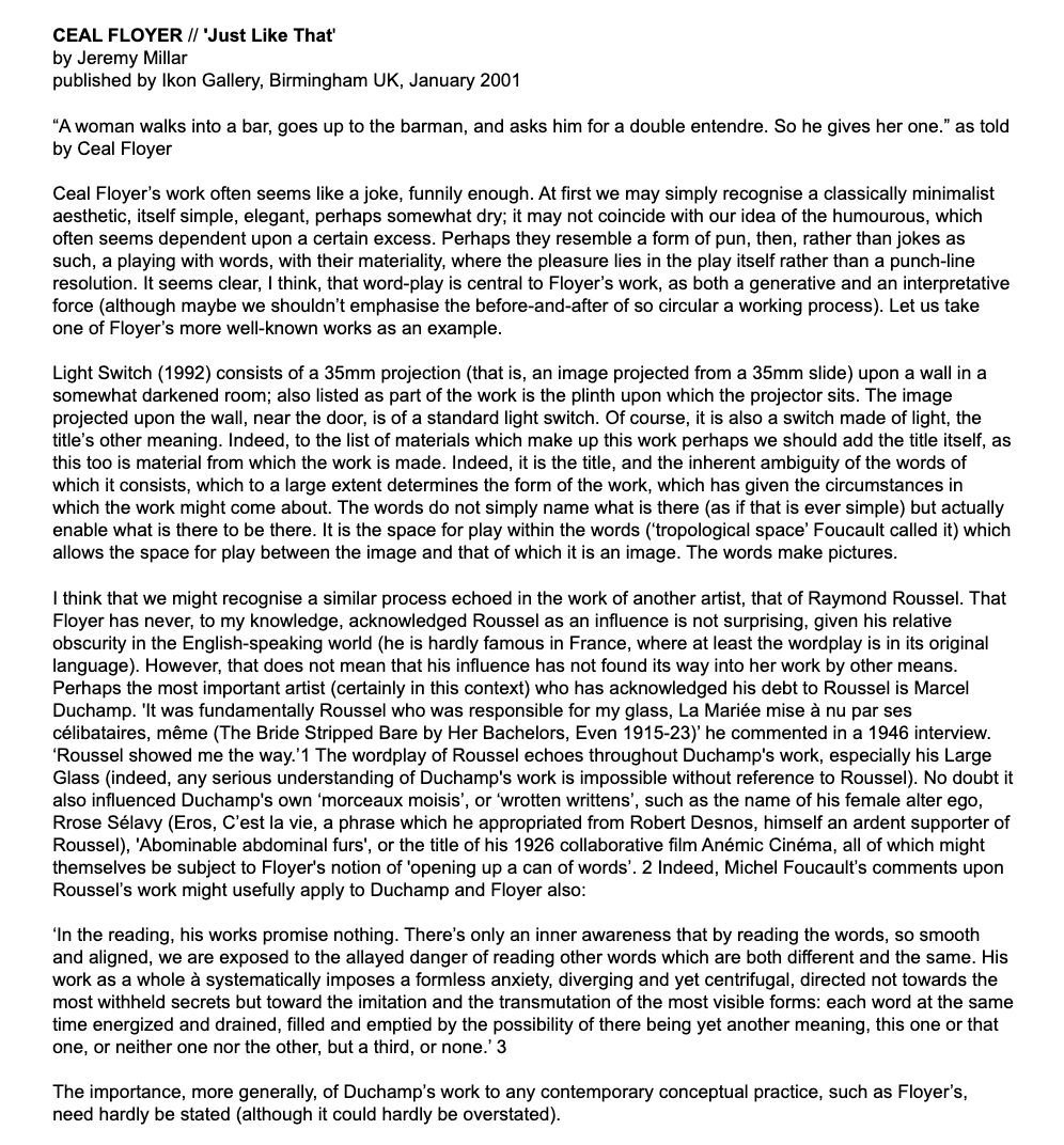 A screenshot of the press release for the Ceal Floyer show ' Just like That'.