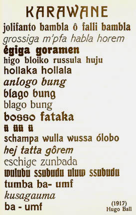 A document with various different fonts and languages for Dada Karawane's sound installation.