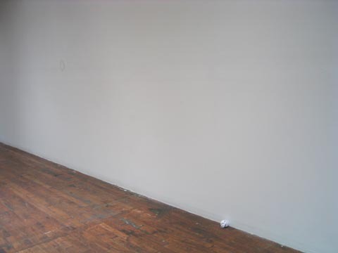 A white wall with wooden floor beneath it.