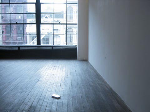 A room. with white walls and wooden floor, with a small object on the floor.