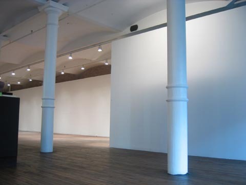 A large space with two columns, white walls, and wooden floors.