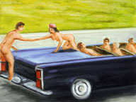 A painting of naked bodies stretching out on a car.