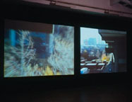 A image of a video installation with side by side projections.