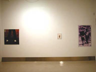 A image of a gallery installation with two images on either end of a wall.