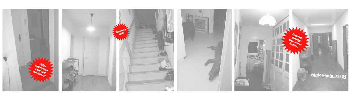 A series of black and white images with red word bubbles on top.