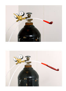 Two images of a helium tank with a paper toy stuck to the pipe.