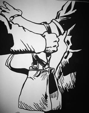 A drawing of a hand grabbing a purse from a different person's arm.