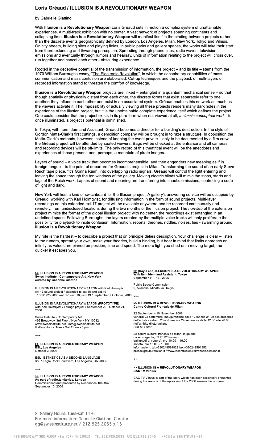 A screenshot of a press release for Loris Greed's Exhibition.
